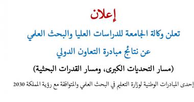 وكالة الجامعة للدراسات العليا والبحث العلمي تعلن عن نتائج مبادرة التعاون الدولي لمسار التحديات الكبرى ومسار القدرات البحثية